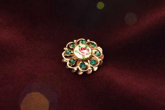 Vintage Floral Brooch Pin, Green Rhinestone Brooc… - image 4