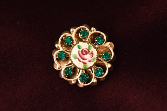 Vintage Floral Brooch Pin, Green Rhinestone Brooc… - image 1