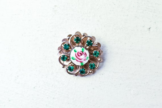 Vintage Floral Brooch Pin, Green Rhinestone Brooc… - image 3