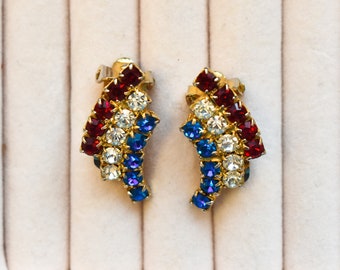 Vintage Rhinestone Clip On Earrings in Red Blue White for Small Ears, American Flag Earrings, Patriotic Jewelry, Costume Jewelry