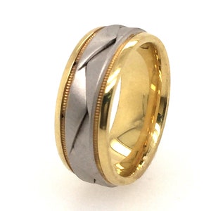 Titanium Ring with 14K Yellow Gold Side Walls, Wedding Band Weave Design, Milgrain Detail, 8mm, Brushed, Mens Ring, Womens Band