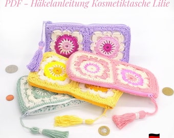 Cosmetic bag lily vintage boho style PDF crochet pattern purse clutch German
