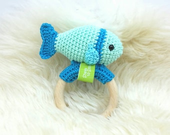 Babyassel gehäkelt Fisch, 100% Baumwolle, Blau, Geschenk, Geburt, Taufe, Babyparty, Weihnachten, Ostern