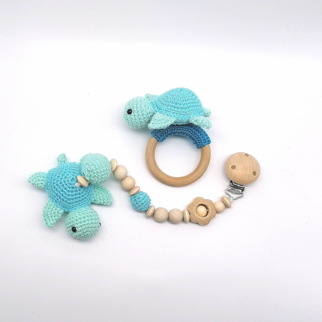 Turtle Rattle Pendant Set, Crocheted, Blue, 100% Cotton, for Baby Car ...