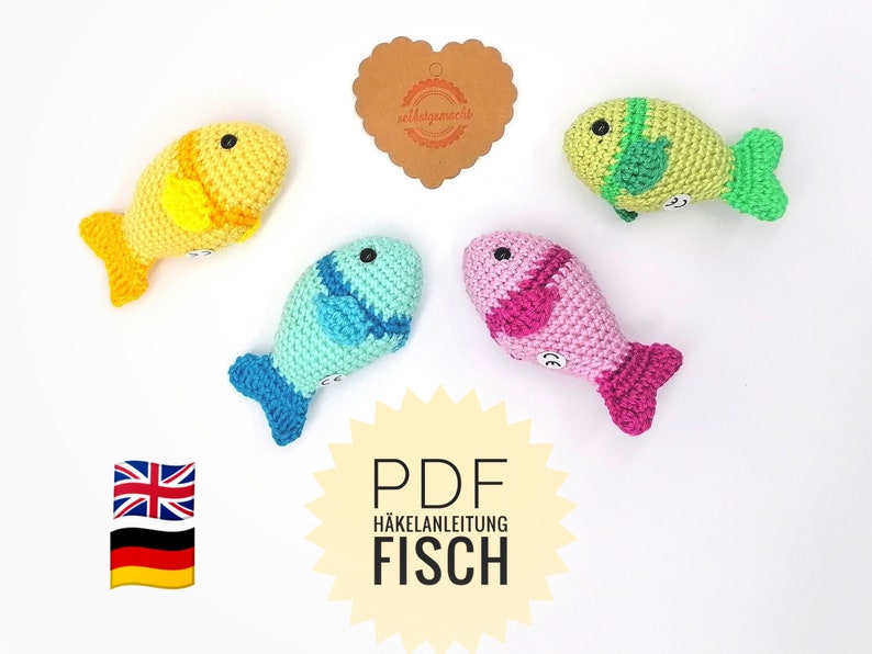 Décoration motif poisson au crochet, téléchargement de fichier PDF, confirmation, allemand anglais, communion, décoration de mariage image 1