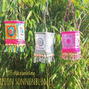 Crochet pattern for a "Sunflower" lantern in boho style, garden decoration, lantern, PDF German / English, summer decoration, lamp, crochet lantern