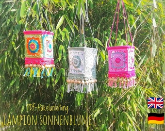 Crochet pattern for a "Sunflower" lantern in boho style, garden decoration, lantern, PDF German / English, summer decoration, lamp, crochet lantern