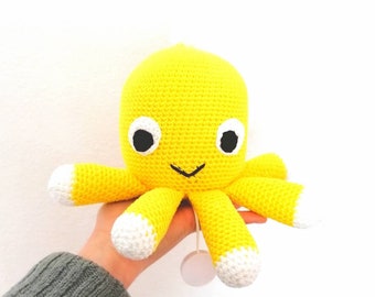 Spieluhr gehäkelt  "Octi" Octopus / Krake in Gelb Melodieauswahl, Wasserdicht 100 % Baumwolle, Baby Geschenk für eine Taufe, Geburt, Ostern