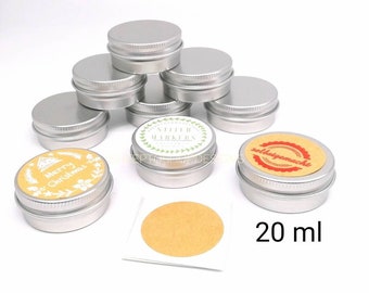 Aluminium jar with screw lid and sticker for labelling, capacity 20 ml, silver, reusable