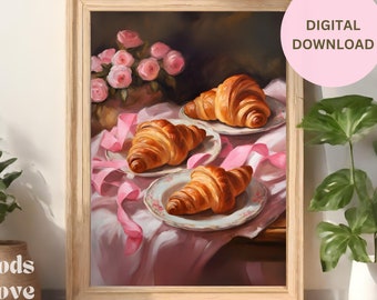 Coquette Art Print Digital Download, French Croissant Pastries with Pink Ribbon Bows, Romantic Breakfast Wall Art, Country Farmhouse Kitchen