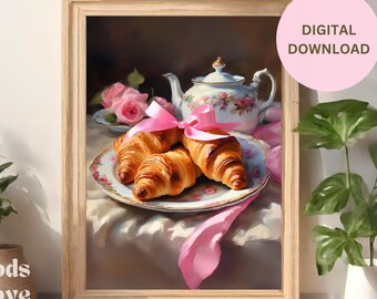 Coquette Art Print Digital Download, French Croissant Pastry, Romantic Breakfast Kitchen Wall Art, Country Farmhouse Decor, Pink Ribbon Bows