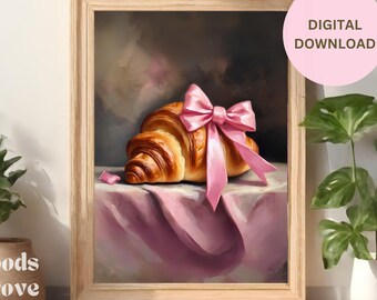 Coquette Art Print Digital Download, Romantic French Croissant Pastry with Pink Ribbon Bow, Vintage Oil Painting, Country Farmhouse Kitchen