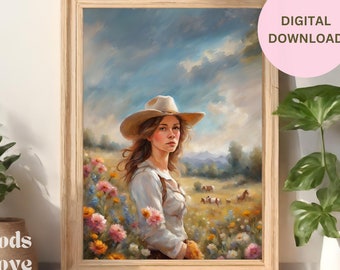 Coquette Art Print Digital Download, Western Ranch Cowgirl in Floral Meadow, Vintage Oil Painting, Homestead Country Farmhouse Wall Art
