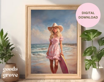 Coquette Art Print Digital Download, Coastal Cowgirl with Pink Surf Board, Romantic Vintage Oil Painting, Western Beach Surfer Girl