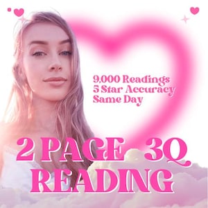 May include: A woman with long hair is centered in a pink-toned image. A large pink heart shape is behind her. Text in pink reads "9,000 Readings, 5 Star Accuracy, Same Day" and "2 Page 30 Reading". The background is a cloudy sky.