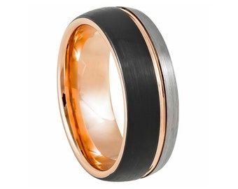 Rose Gold Mens Tungsten Ring, Black and Silver Wedding Band, Engagement Ring, Promise Ring, Anniversary Ring