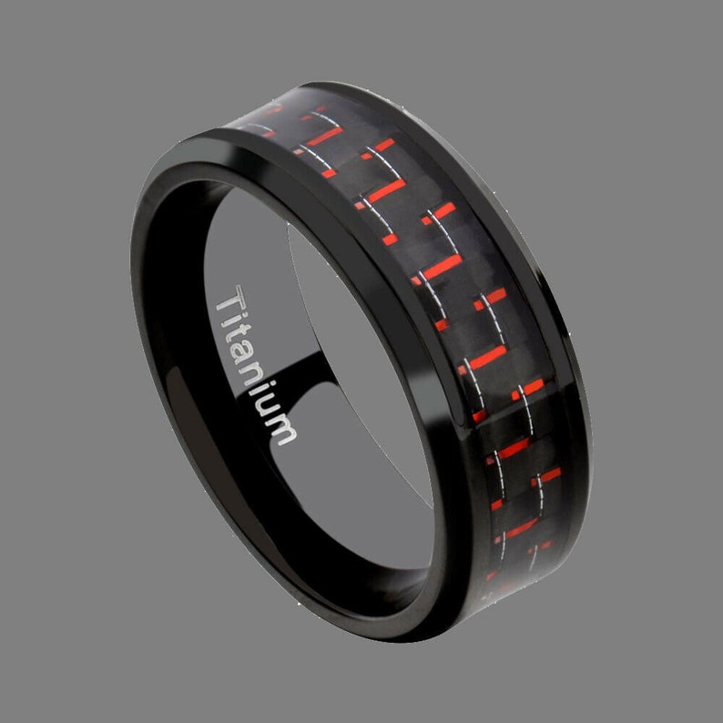 Promise Ring Engagement Ring for Him Mens Black Titanium Red Carbon Fiber Wedding Band Ring in 8mm Width Anniversary Band