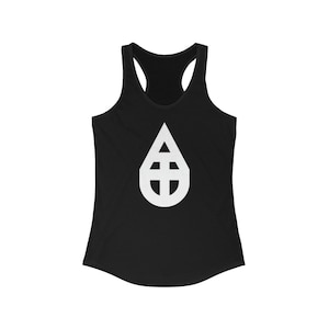 May include: Black tank top with a white water drop graphic containing a stylized cross inside.