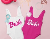 Barbie Bride And Babe Bachelorette Swimsuits Bachelorette Bathing Suits. Bride Swim Suit. Tribe Swimsuit customizable Barbie Swimsuit.