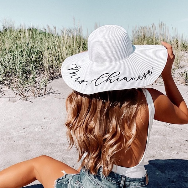 Personalized Sun Hat Floppy Beach Hat Floppy Sun Hat Custom Personalized Floppy Hat Beach Bride Hat Honeymoon Hat Mrs Hat