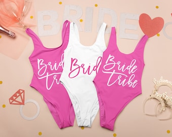 Bachelorette Swimsuits Bachelorette Bathing Suits. Bride Swim Suit. Tribe Swimsuit customizable Bride Tribe Swimsuit. Retro cut bathingsuit