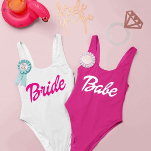 Bride And Babe Bachelorette Swimsuits Bachelorette Bathing Suits. Bride Swim Suit. Tribe Swimsuit customizable Bride Swimsuit.