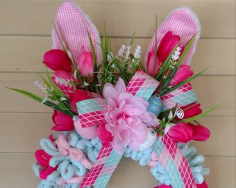 Easter Wreath, Spring Wreath, Bunny Wreath, Easter Bunny, Easter Decor, Spring Decor, Yarn Bunny Wreath, Bunny Butt