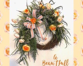 Peach Wreath, Peach Decor, Peach Door Decor, Spring Wreath, Spring Grapevine Wreath, Peach Grapevine Wreath, Spring Greenery Wreath