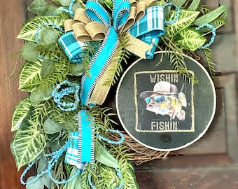 Fishing Wreath, Large Mouth Bass, Fishing Décor, Lake House Wreath, Porch Decor, Back Door Decor, Gone Fishing