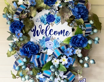 Summer Wreath, Summer Decor, Floral Wreath,  Everyday Door Decor, Front Door Wreath, Welcome Wreath, Blue Floral Wreath, Blue Home Decor