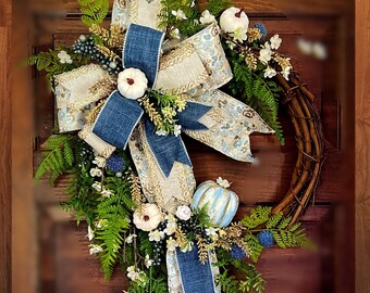 Blue Fall Wreath, Blue Fall Pumpkin Wreath, Fall Wreath, Blue Fall Decor Thanksgiving Wreath, Rustic Fall Wreath, Farmhouse Wreath
