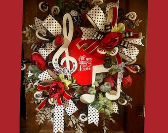 All You Need is Love Everyday Wreath, Valentine Wreath, Red, Black, White Decor, Music Wreath, Music Lover Gift