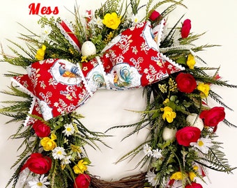 French Country Wreath, Red Rooster Wreath, Farmhouse Wreath, Everyday Wreath, Kitchen Wreath, Big Bow Wreath, Chicken Wreath, Chic Farmhouse