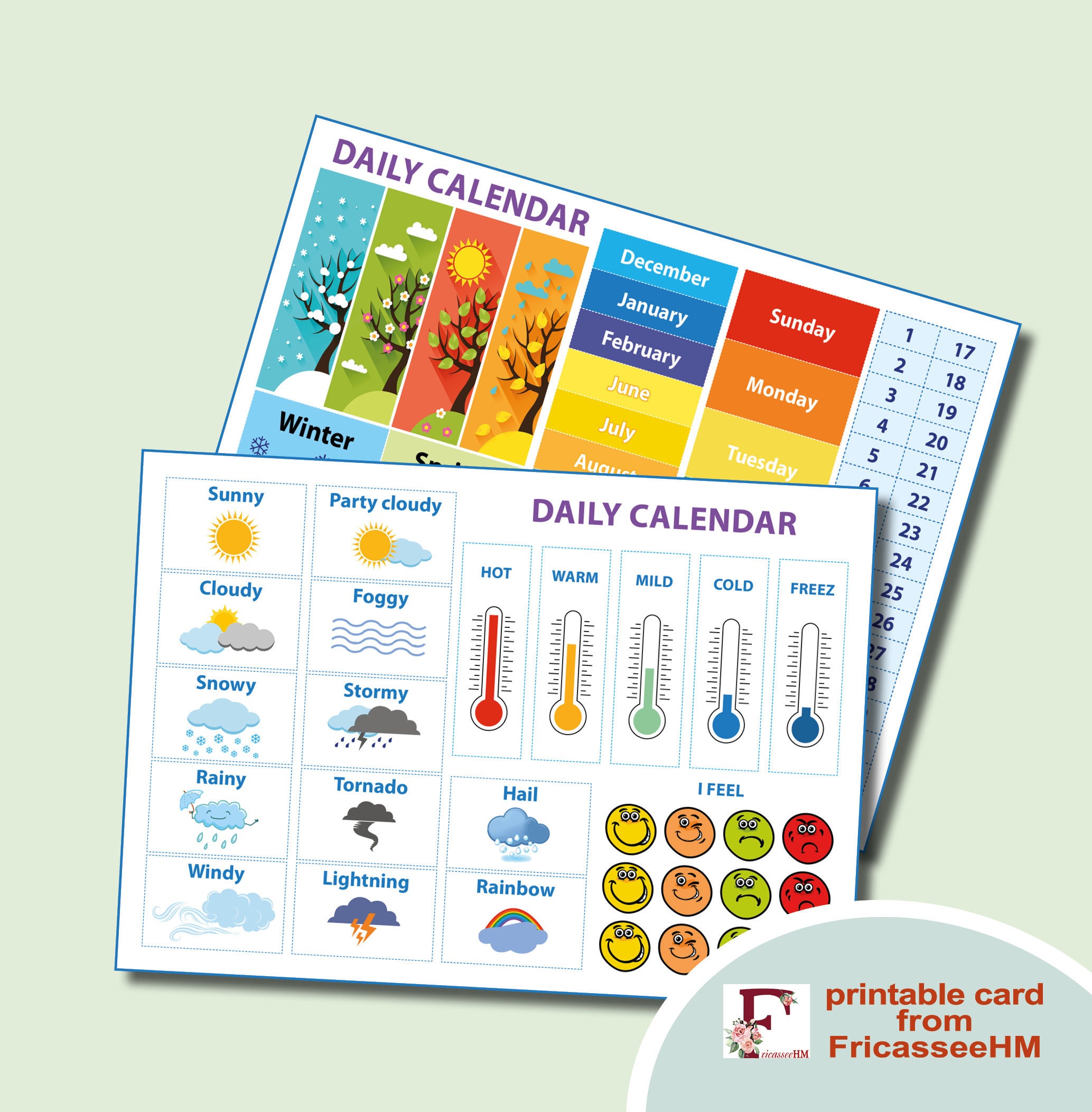Printable Weather Calendar, Seasons, Month of the Year, Day of the Week ...