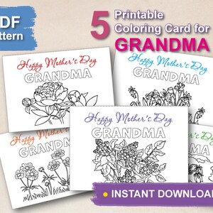 Printable Coloring Cards for Grandma. Set of 5 Happy Mother's Day Cards ...