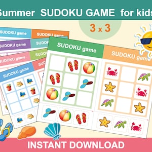 Sommer Sudoku für Kinder zum Ausdrucken. Kindergarten Aktivität. Montessori Karte zum Ausdrucken. Reise-Aktivitäten-Spielzeug. Sofortiger Download