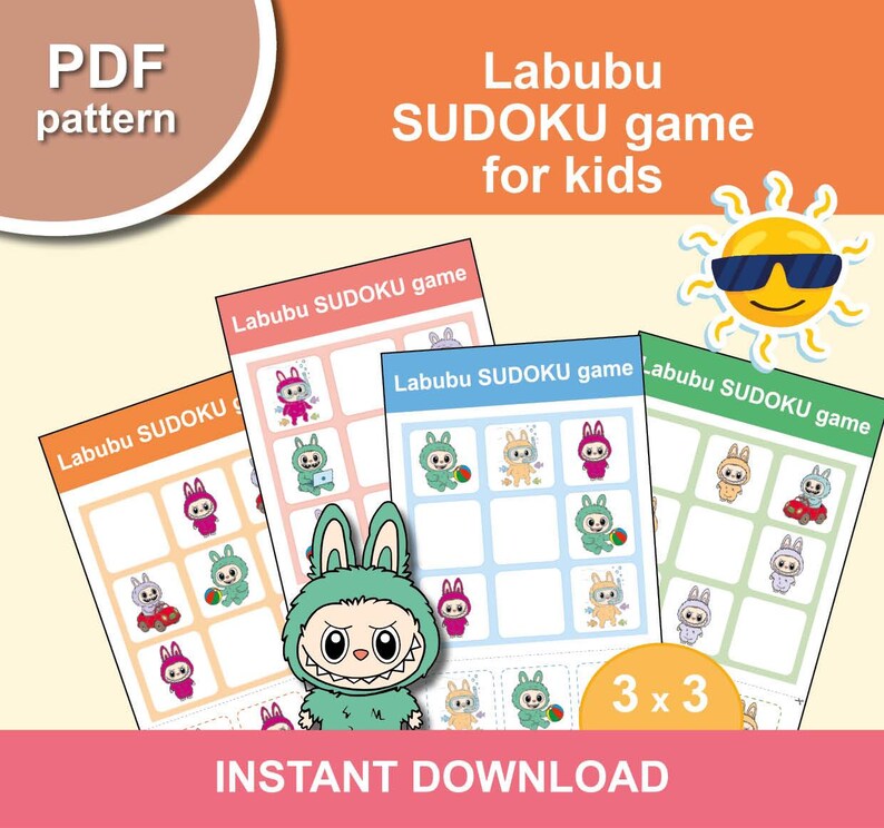 Labubu SUDOKU Game for Kids. Printable Puzzles 3x3. Toddler Activity ...