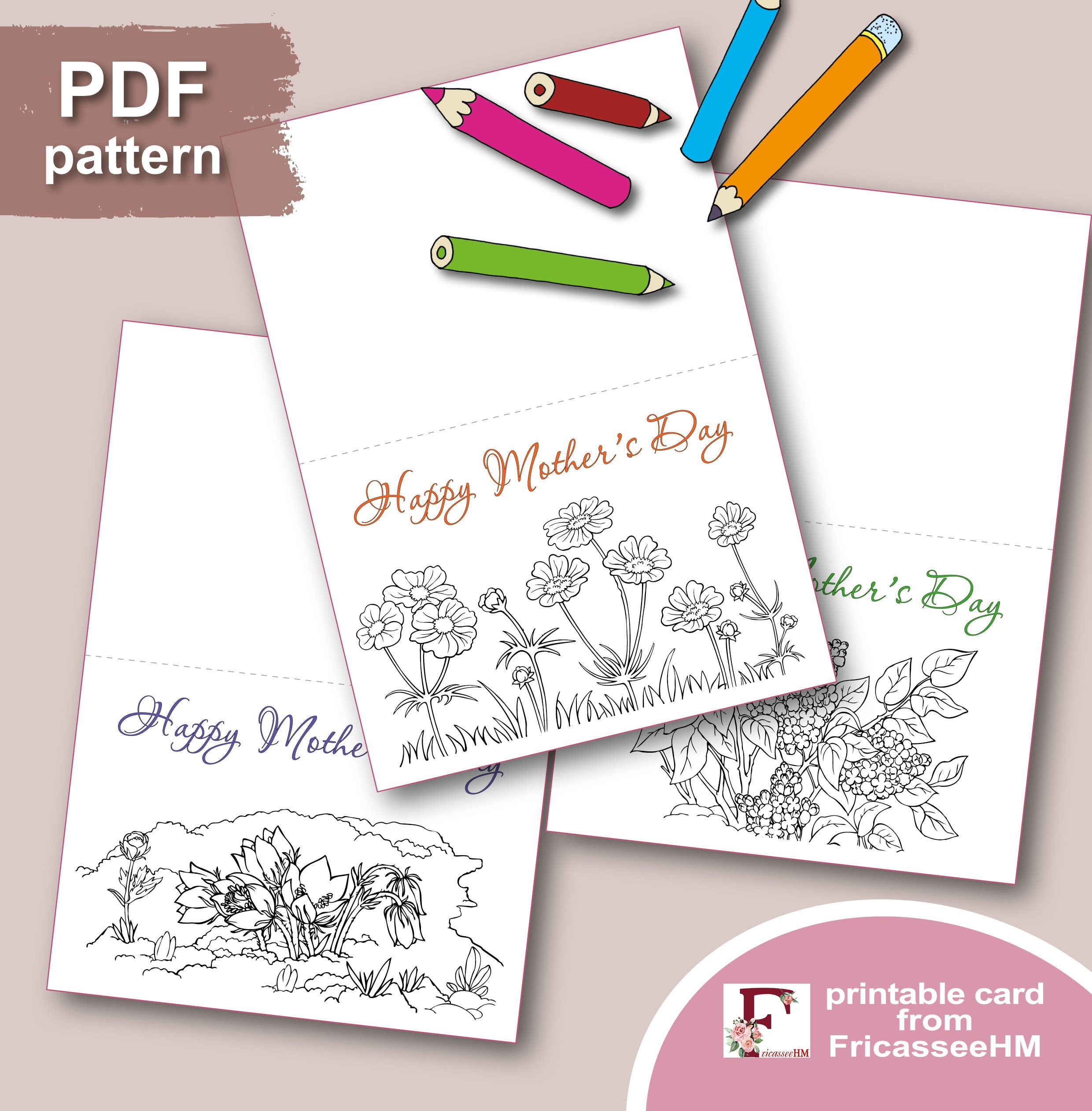 Printable Coloring DIY Floral Cards for Kids. Set of 5 Happy - Etsy