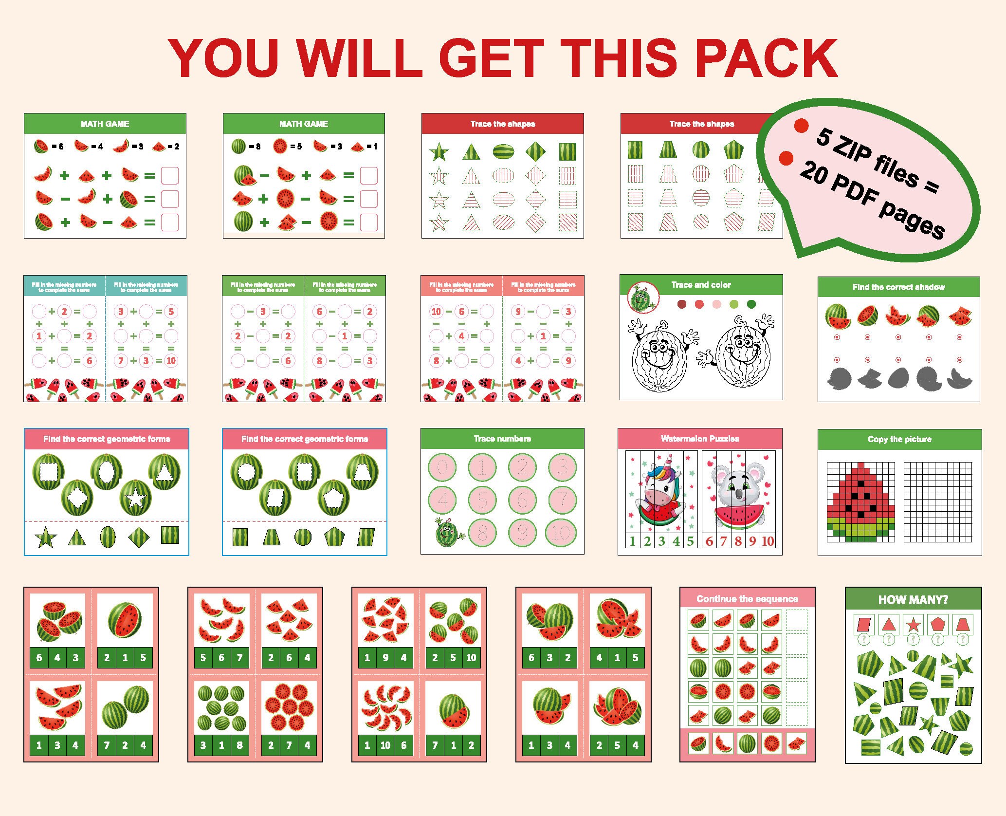 Watermelon Preschool Printable Busy Book, Toddler Learning Pack ...