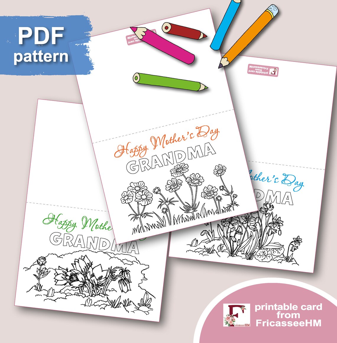 Printable Coloring Cards for Grandma. Set of 5 Happy - Etsy