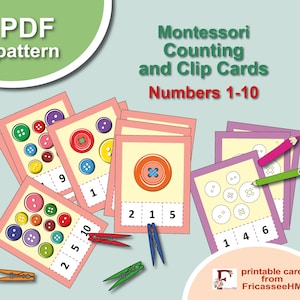 Peut inclure: Un ensemble de cartes de comptage et de clips Montessori imprimables avec des boutons colorés et les chiffres de 1 à 10. Les cartes sont conçues pour que les enfants apprennent à compter et à reconnaître les nombres.