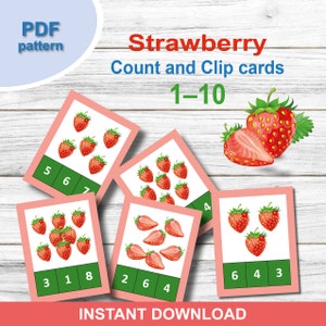 Strawberry count and clip cards 1-10. Printable Preschool activity. Toddler game. Digital Download