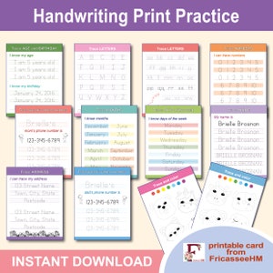 Puede incluir: Tarjetas imprimibles de práctica de escritura para niños. Las tarjetas presentan actividades de trazado para letras, números, días de la semana, meses y direcciones. También hay tarjetas con páginas para colorear de animales.