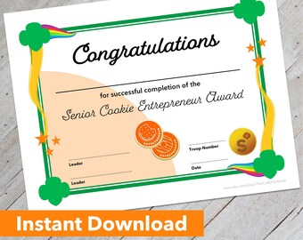 Girl Scout Senior Cookie Entrepreneur Award Certificate - Downloadable Design