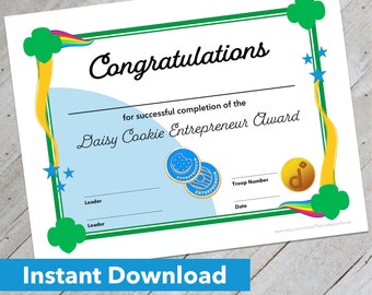 Girl Scout Daisy Cookie Entrepreneur Award Certificate - Downloadable Design