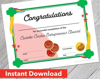 Girl Scout Cadette Cookie Entrepreneur Award Certificate - Downloadable Design