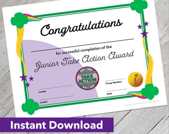 Girl Scout Junior Journey Take Action Certificate - Downloadable Design