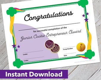 Girl Scout Junior Cookie Entrepreneur Award Certificate - Downloadable Design