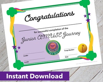 Girl Scout Junior AMUSE Journey Certificate - Downloadable Design