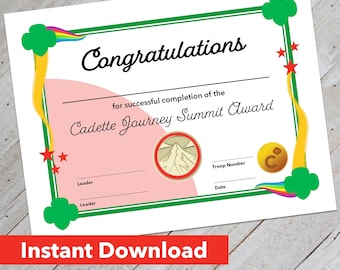 Girl Scout Cadette Journey Summit Award Certificate - Downloadable Design